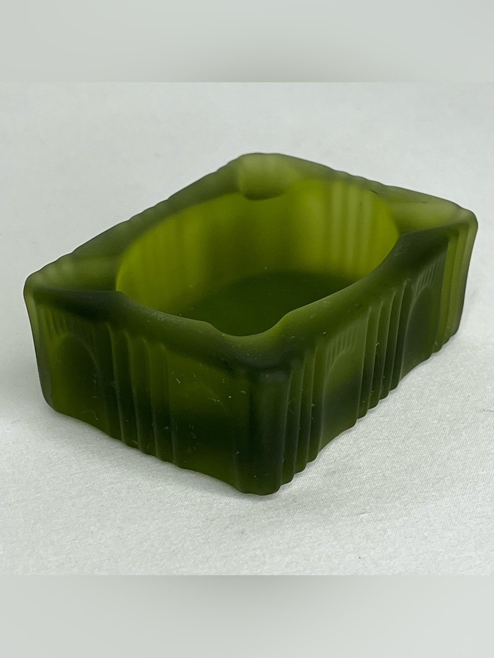 Vintage MCM Olive Green Frosted Glass Pillow Ashtray/Trinket Dish Imperial Glass